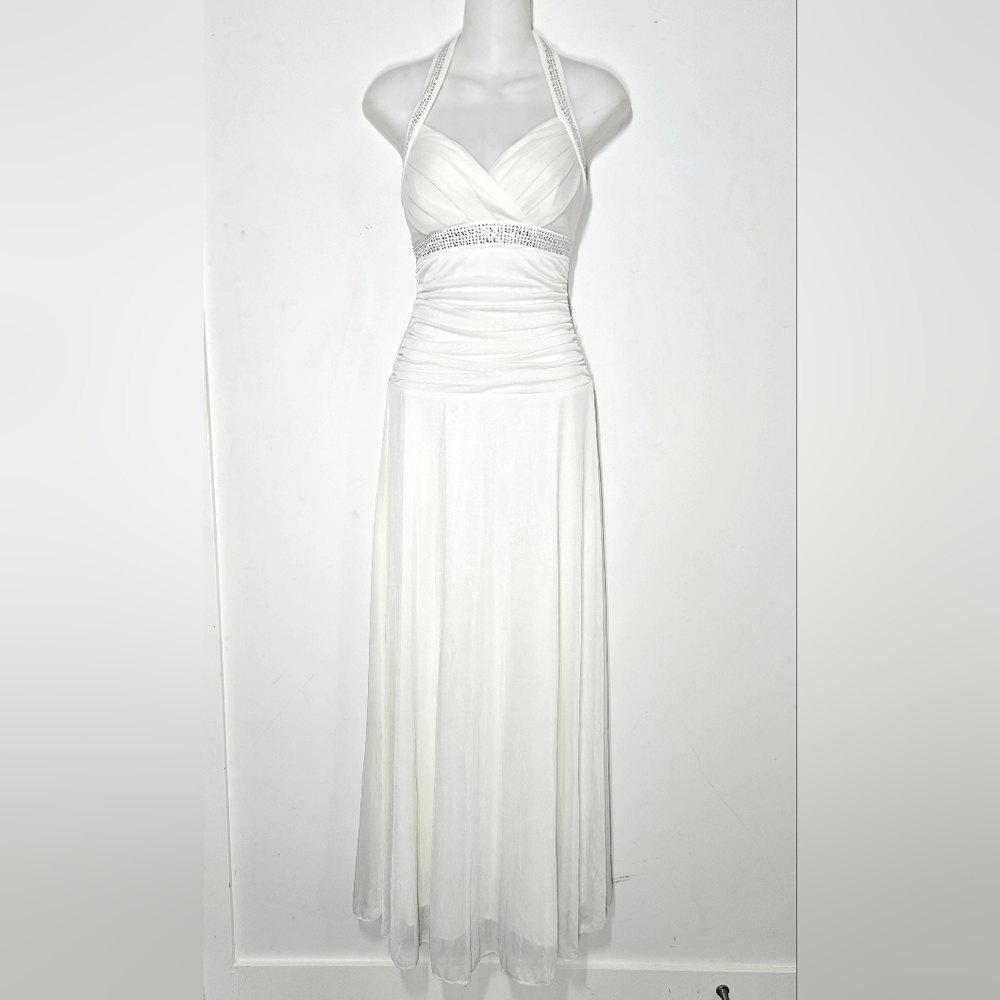 Trixxi Elegant Ivory White Halter Long Maxi Dress With Rhinestone Trim